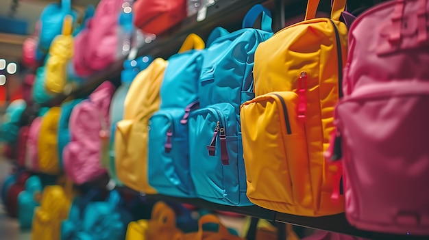 a row of colorful backpacks that are on a shelf