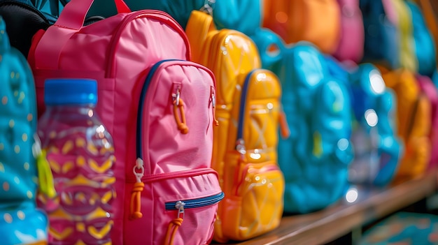 a row of colorful backpacks with a water bottle on the front