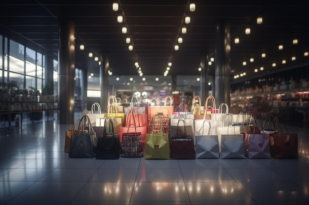 A row of colorful bags are in a store with a sign that says'shopper'on it.