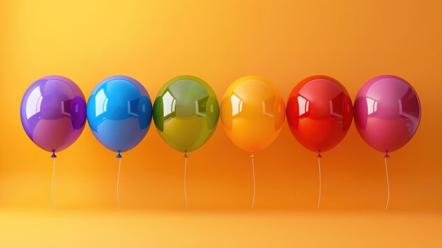 Photo a row of colorful balloons against an orange backdrop sets a playful and festive mood