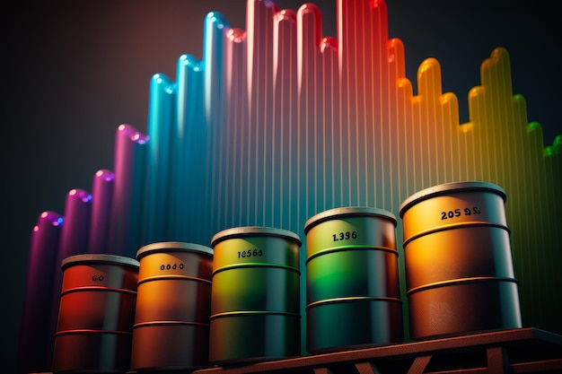 Row of colorful barrels sitting next to each other on top of wooden shelf Generative AI