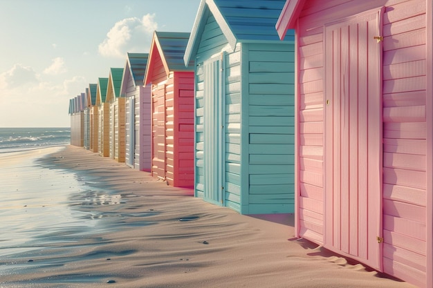 A row of colorful beach huts along the shore