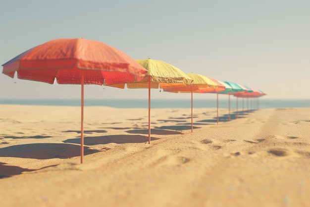 A row of colorful beach umbrellas on golden sand o