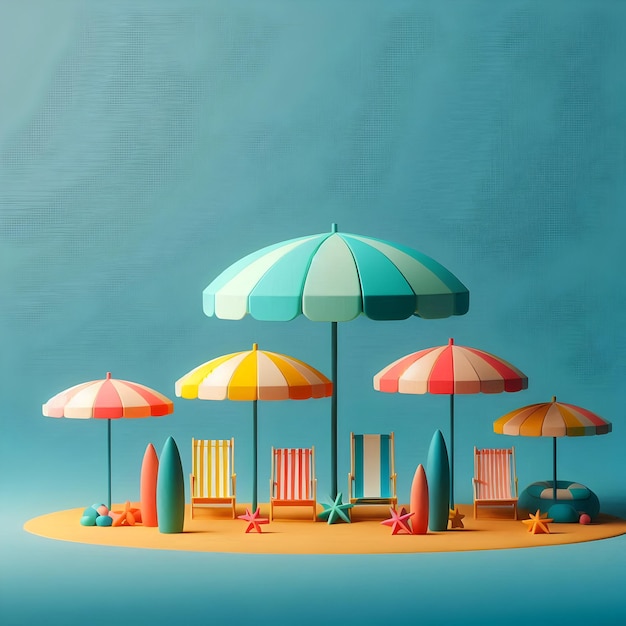 A row of colorful beach umbrellas stands isolated on a plain aquamarine background evoking relaxat