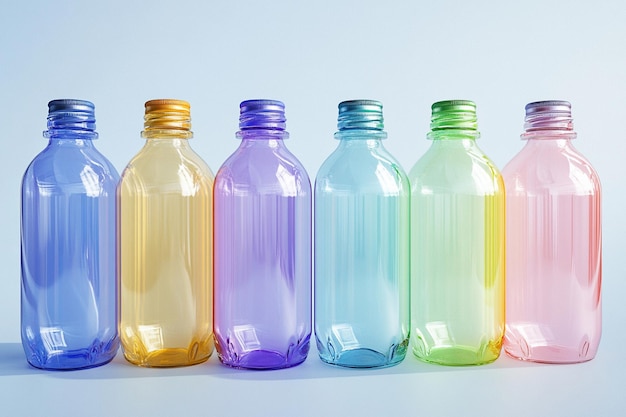 Photo a row of colorful bottles with different colored labels