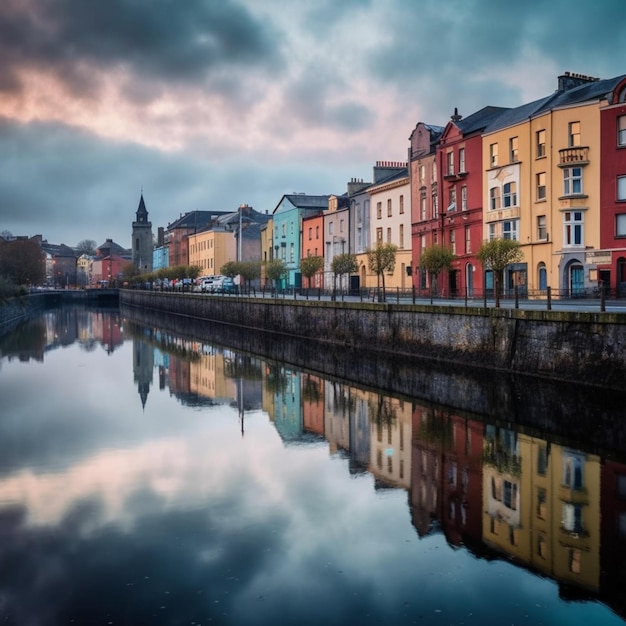 A row of colorful buildings along a river with a clock tower on the left side.