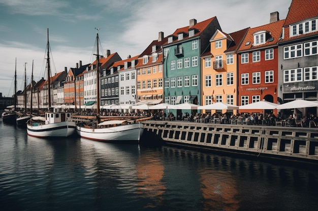 A row of colorful buildings with a boat in the foreground and a row of buildings with a boat in the background.