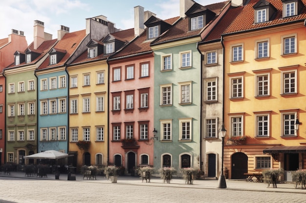 A row of colorful buildings with a sign that says'the word " on it.