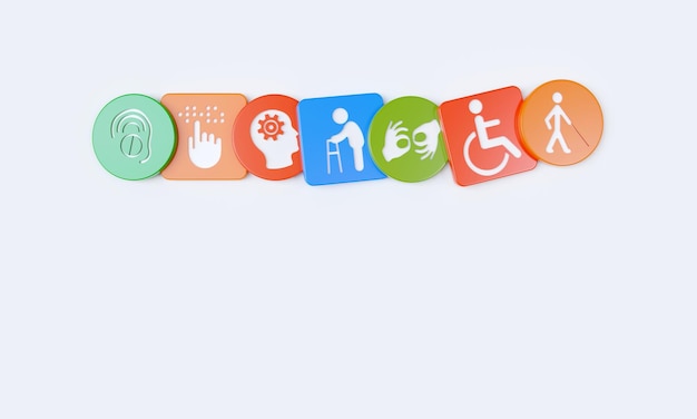 Photo a row of colorful buttons with different icons including a wheelchair, a person, a person, a person, a person, a person, and a person.