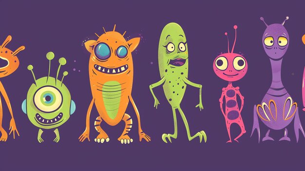 A row of colorful cartoon aliens on a purple background