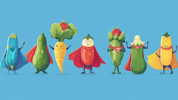 Photo a row of colorful cartoon vegetables dressed as superheroes with capes and smiling faces