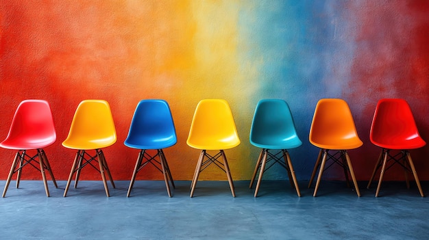 Photo row of colorful chairs against a vibrant painted wall modern and artistic