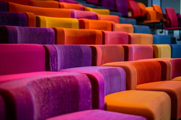 A row of colorful chairs arranged next to each other in a tiered formation Rows of plush seating arranged in a tiered formation