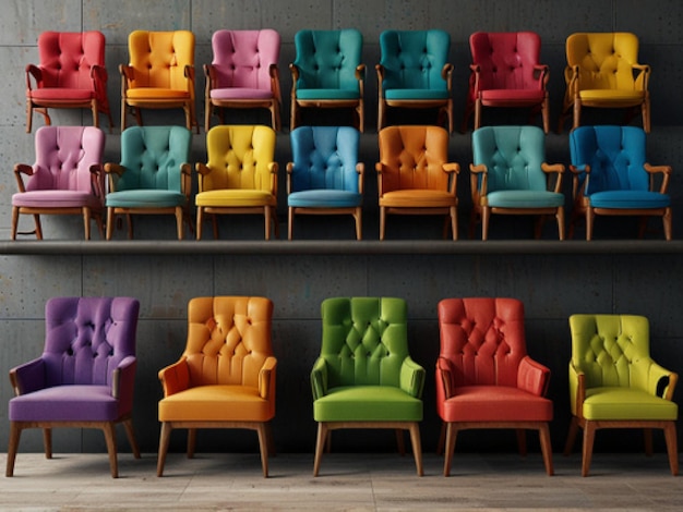 Photo a row of colorful chairs with one that saysrainbowon it