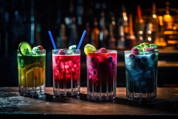 A row of colorful cocktails on a bar