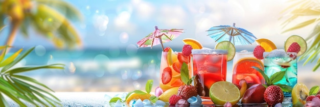 A row of colorful cocktails garnished with fresh tropical fruit and small umbrellas sit on a table in front of a beach and ocean backdrop Generative AI