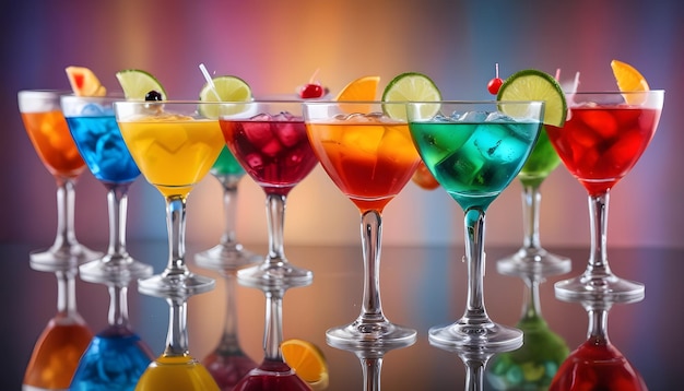 a row of colorful cocktails with different colored drinks in them