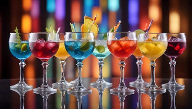 a row of colorful cocktails with different colors and shapes