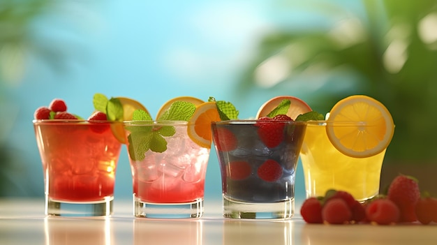 A row of colorful cocktails with different flavors including lemon, orange, and raspberry.