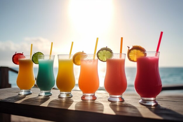 A row of colorful cocktails with straws in front of a beach