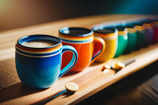 a row of colorful coffee mugs with one that says quot coffee quot on the bottom