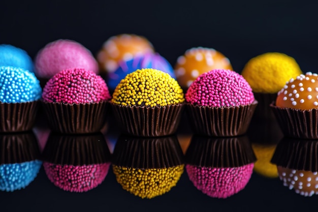 Photo a row of colorful cupcakes with sprinkles on top generative ai image