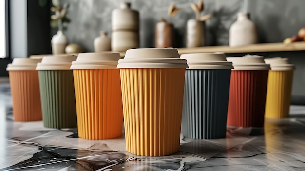 a row of colorful cups are lined up on a table