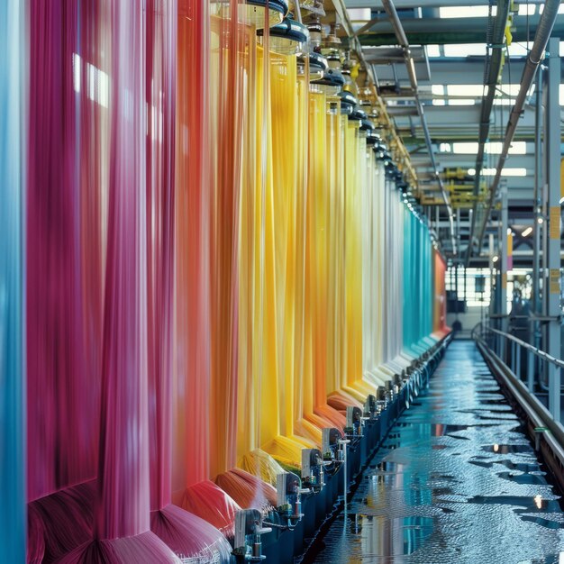 Photo a row of colorful curtains hanging on a wall with a yellow curtain hanging from the ceiling