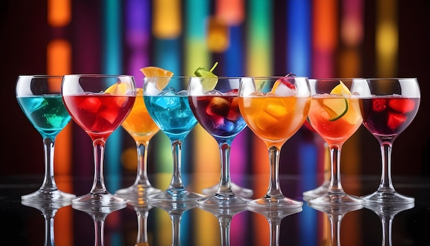 a row of colorful drinks with different colors and a green fruit in the middle