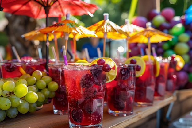 A row of colorful drinks with straws and umbrellas on a table in a public space