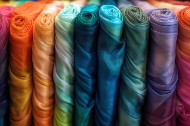 A row of colorful fabric with the word silk on the bottom.