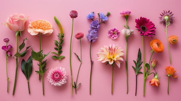 A row of colorful flowers in various stages of bloom are arranged in a single line on a pink background