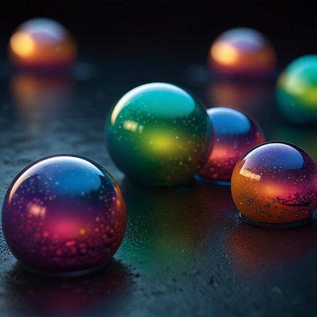 Photo a row of colorful glass balls with colorful dots on them