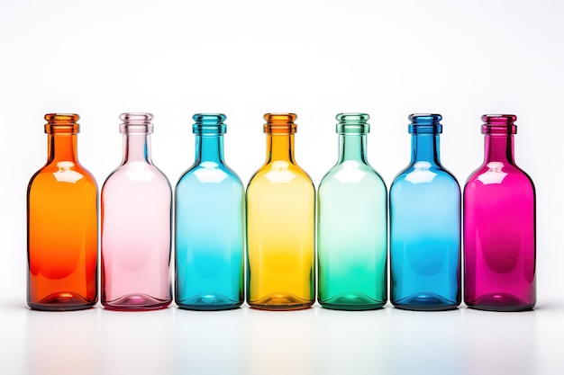 A Row of Colorful Glass Bottles Against a White Background on a White or Clear Surface PNG Transparent Background