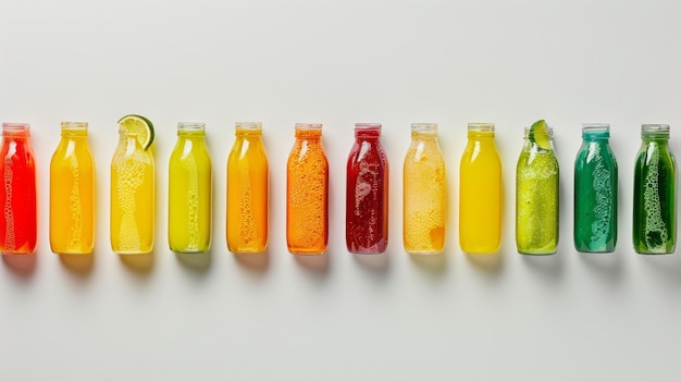 Photo row of colorful glass bottles filled with fresh juice on white background