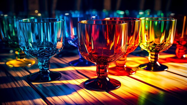 Row of colorful glass cups sitting on top of wooden table next to each other Generative AI