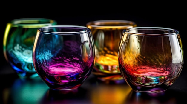 A row of colorful glasses with different colors are lined up on a table.