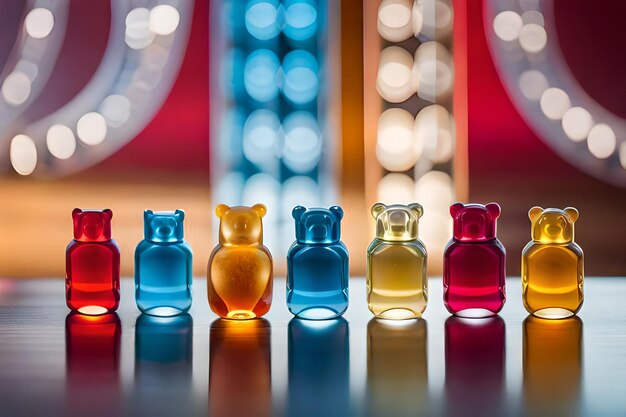 Photo a row of colorful gummy bears are lined up in a row.