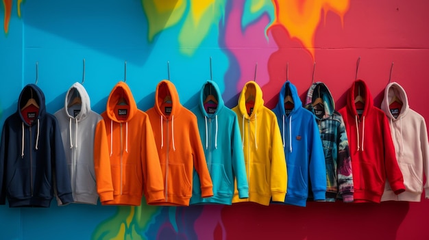 Photo row of colorful hoodies hanging on pastel striped background