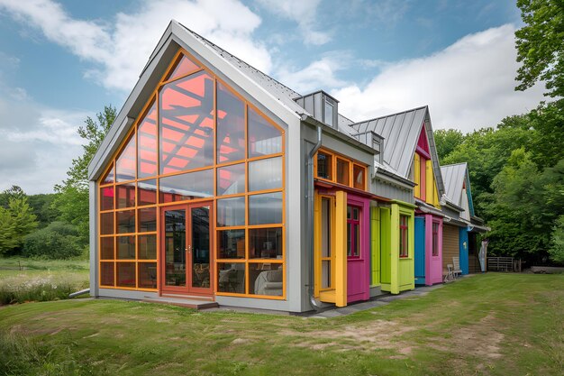 Photo a row of colorful houses with windows that say  colors