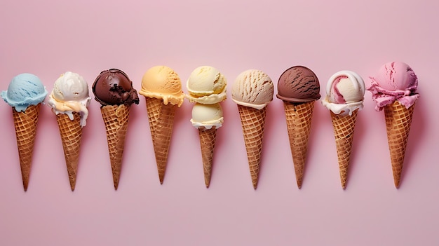 A Row of Colorful Ice Cream Cones on Pink Background