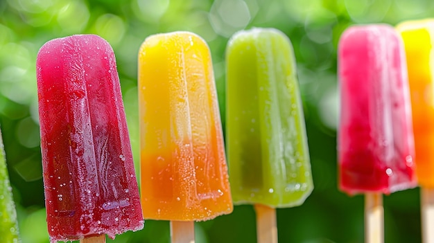 a row of colorful ice creams are on sticks