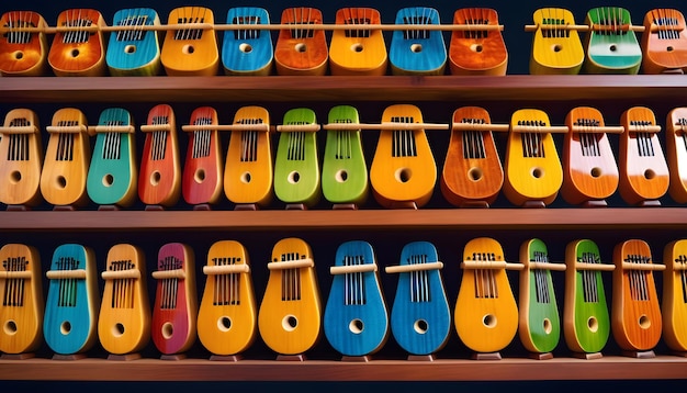 row of colorful kalimbas and mbiras arranged neatly on a shelf in an African cultural center