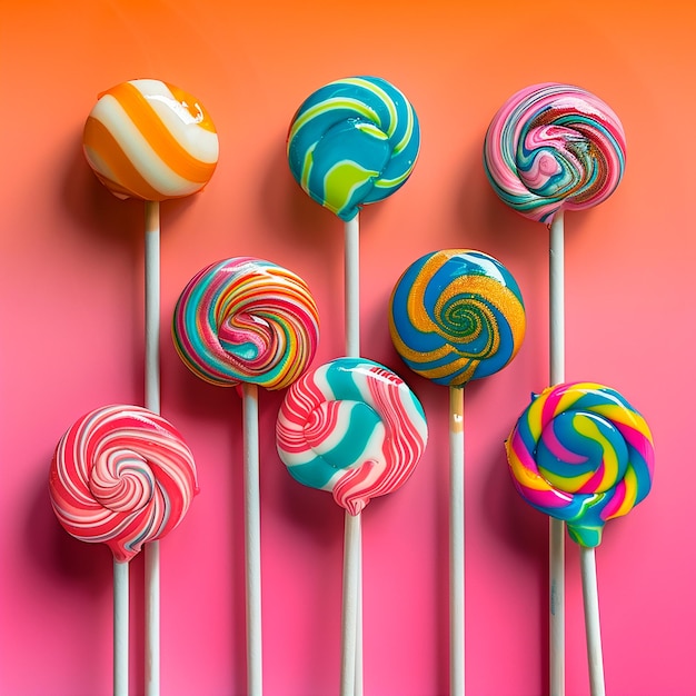 Photo a row of colorful lollipops on a pink background