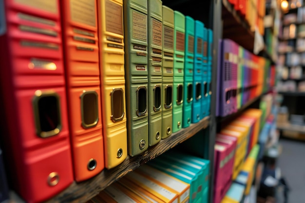 Row of colorful office binders on shelves in a book store