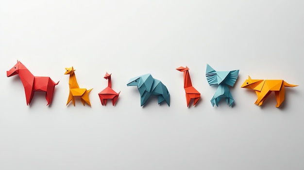 Photo a row of colorful origami animals including a horse giraffe bear and bird