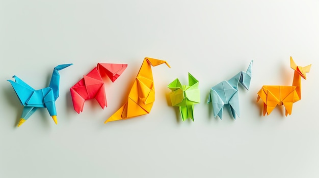 A row of colorful origami animals on a white background