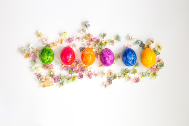 Row of Colorful painted Easter Eggs isolated on white background surrounded with flowers top view background Happy Easter concept modern design