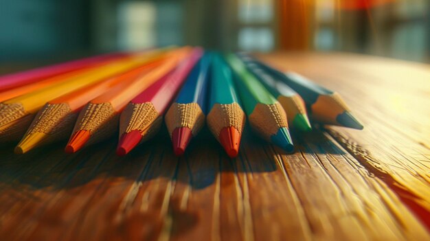 a row of colorful pencils are lined up on a table