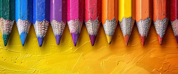 Photo a row of colorful pencils arranged in a rainbow pattern on a textured yellow background